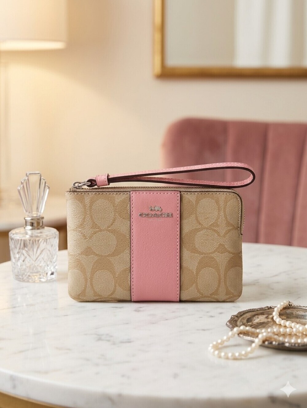 Coach Corner Zip Wristlet Khaki/Blossom (NWT)